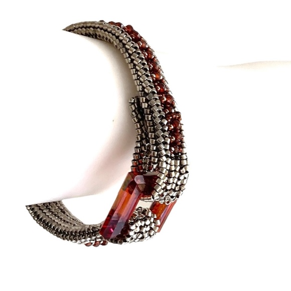 bracelet 7" strand glass seed beads handmade w/square glass clasp silver red - Picture 6 of 16